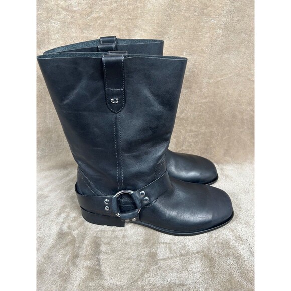 Coach Tara Moto Harness Pull On Boots Black Leather Biker Mid Calf Womens 9 B - Picture 2 of 11